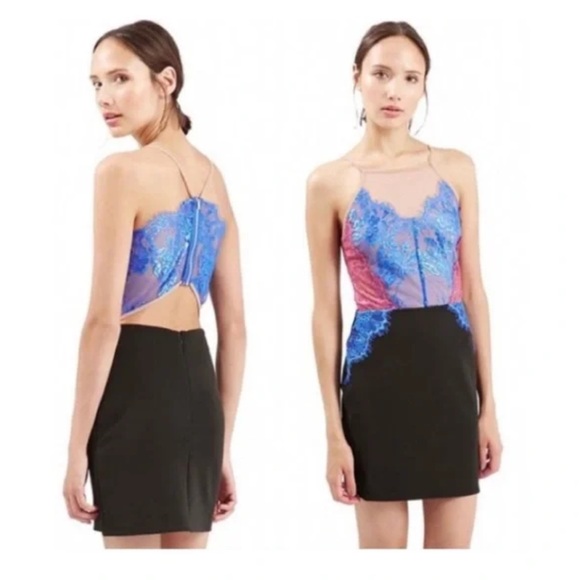 Topshop Dresses & Skirts - Topshop Blue and Pink Lace Backless Mini Dress Size 2